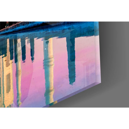 Vibrant Taj Mahal sunset glass wall art with pink teal pillar reflections