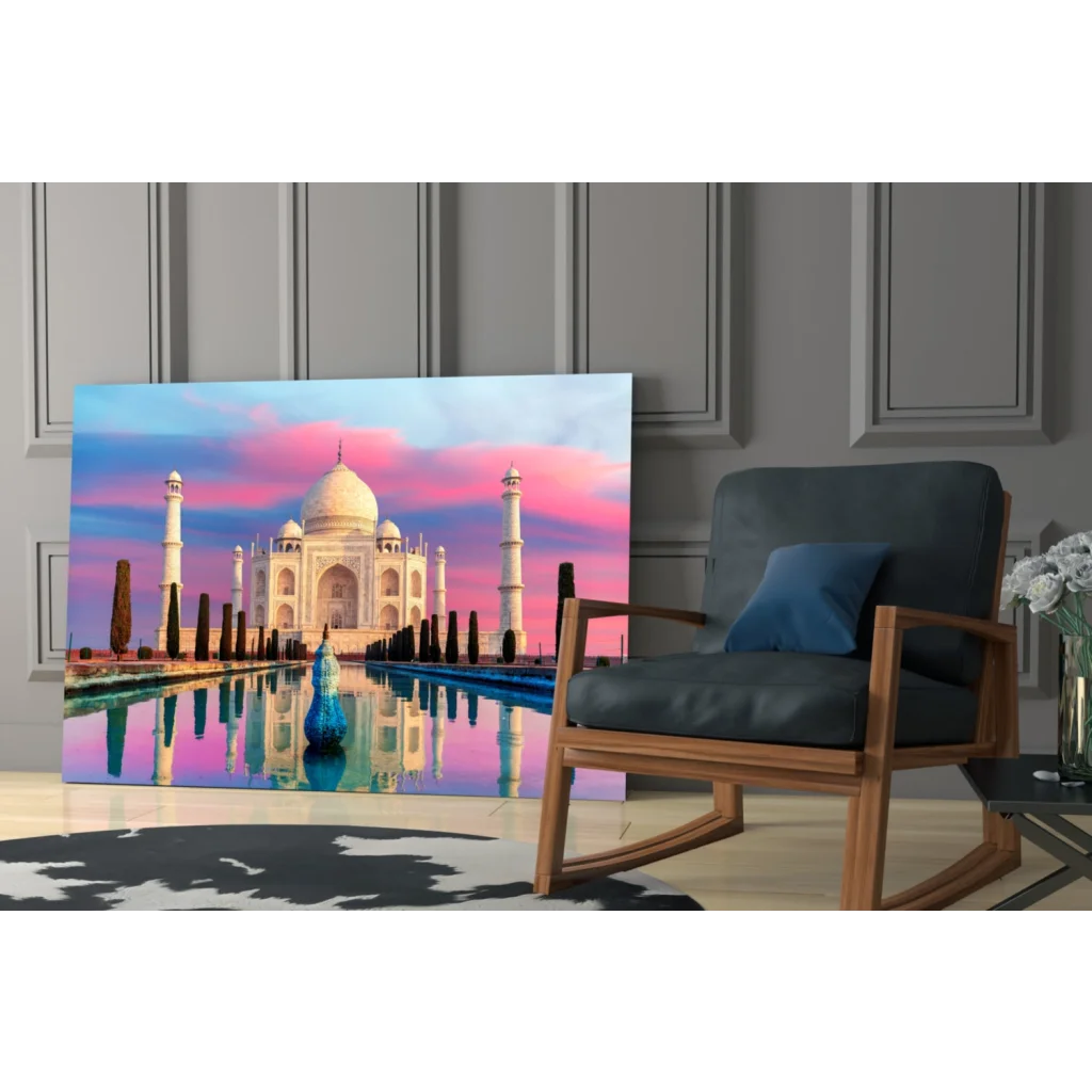 Taj Mahal sunset reflection in glass wall art canvas print