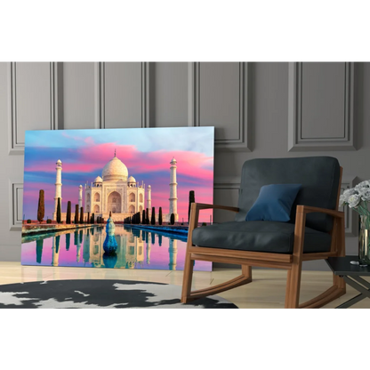 Taj Mahal sunset reflection in glass wall art canvas print