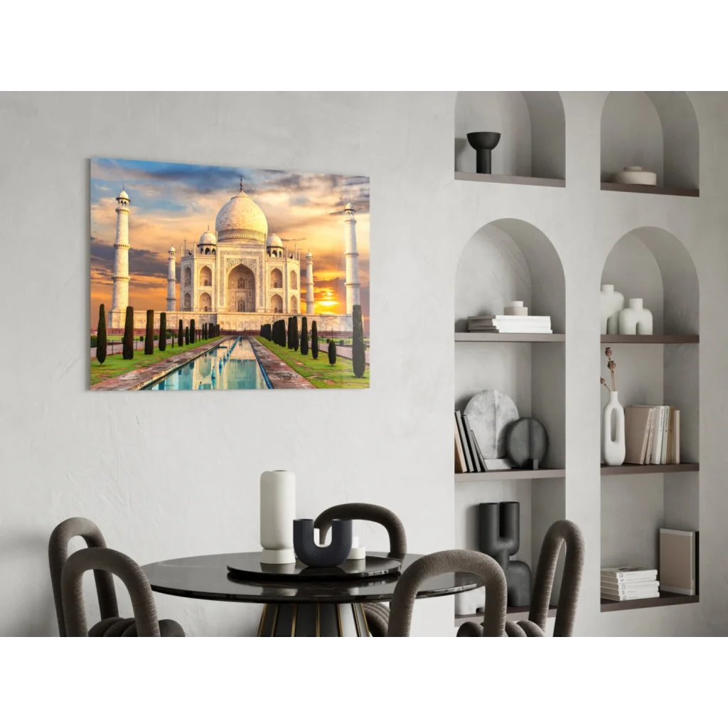 Stunning Taj Mahal sunset canvas wall art with marble reflection