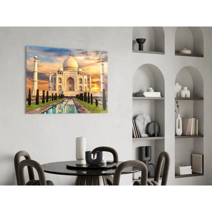 Stunning Taj Mahal sunset canvas wall art with marble reflection