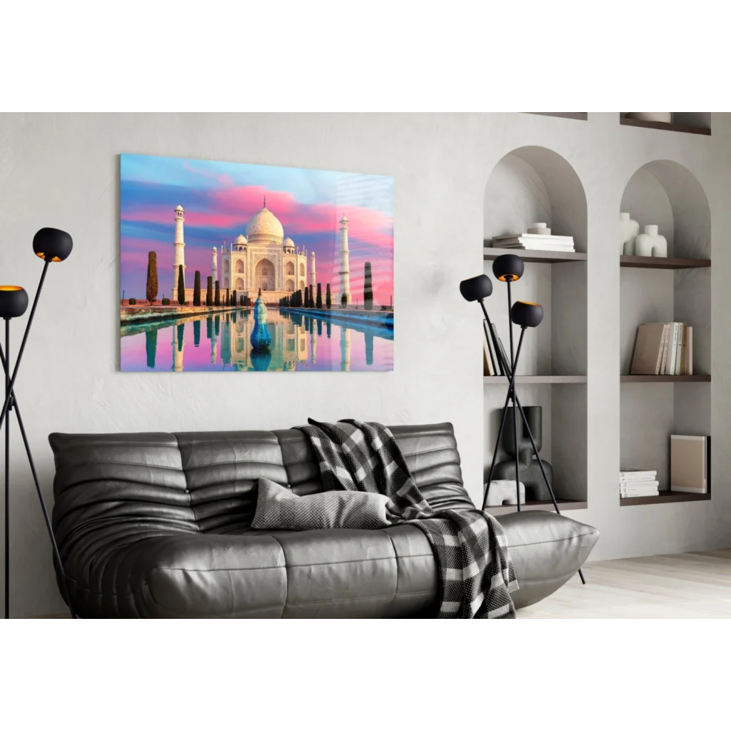 Taj Mahal Sunset Glass Wall Art Canvas Print | Contemporary Home Wall Art | vintageantiquesgifts.com