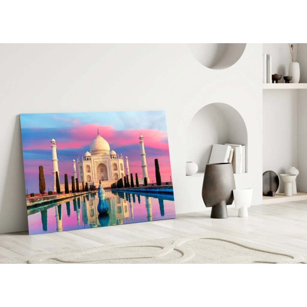 Taj Mahal Sunset Glass Wall Art Canvas Print | Modern Wall Art Decor | vintageantiquesgifts.com