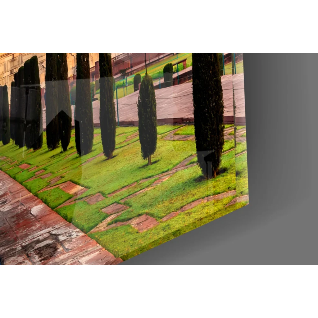 Vibrant Taj Mahal sunset glass wall art with cypress garden path