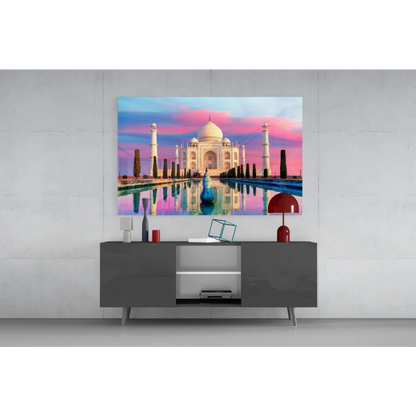 Taj Mahal sunset glass wall art with pink sky reflection