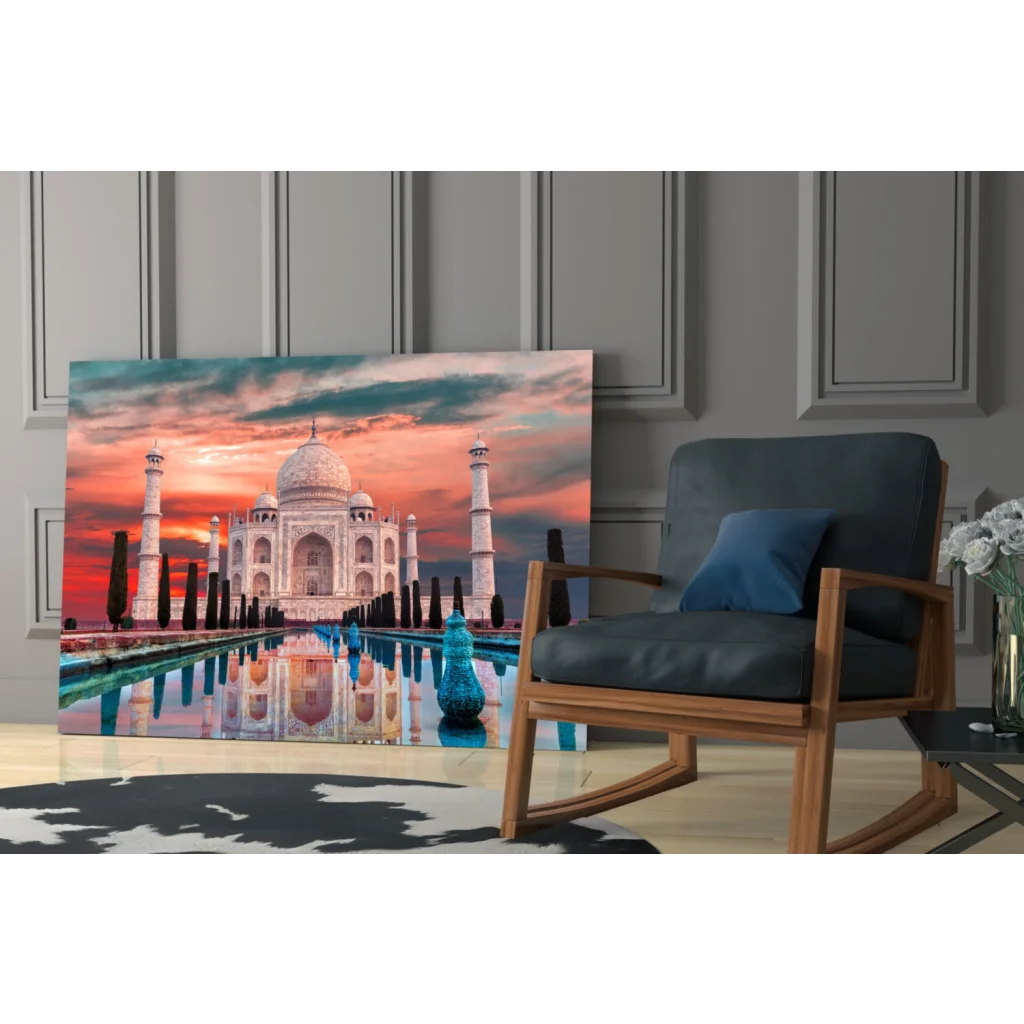Stunning Taj Mahal sunset glass wall art print