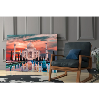 Stunning Taj Mahal sunset glass wall art print