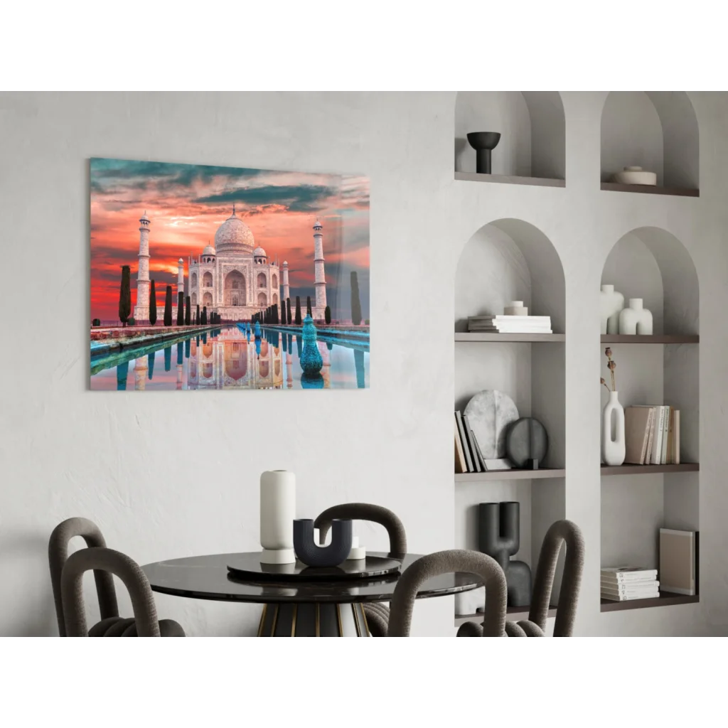 Stunning Taj Mahal sunset glass wall art print reflection