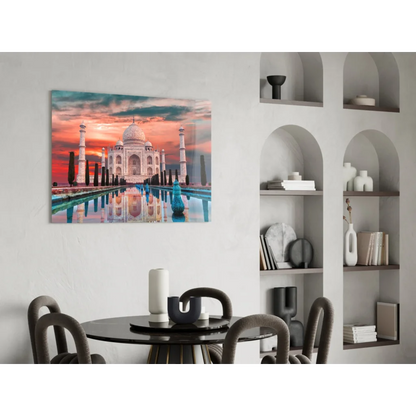 Stunning Taj Mahal sunset glass wall art print reflection