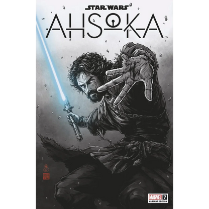 Black and white Ahsoka Tano comic cover with blue lightsaber from Takashi Okazaki limited edition