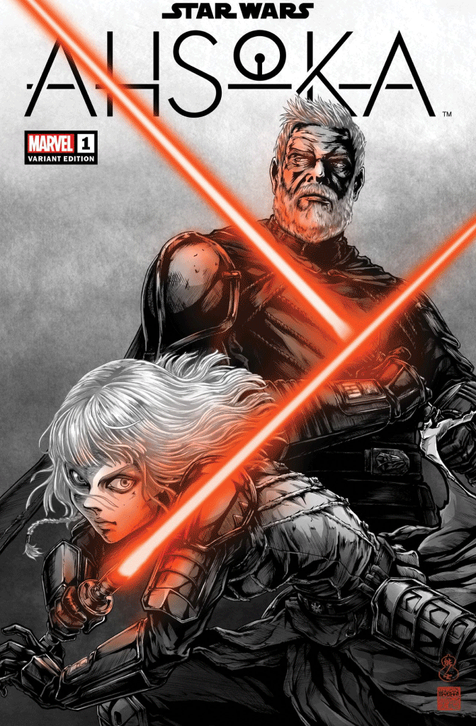 Red lightsaber comic cover with B&W characters in Takashi Okazaki limited edition