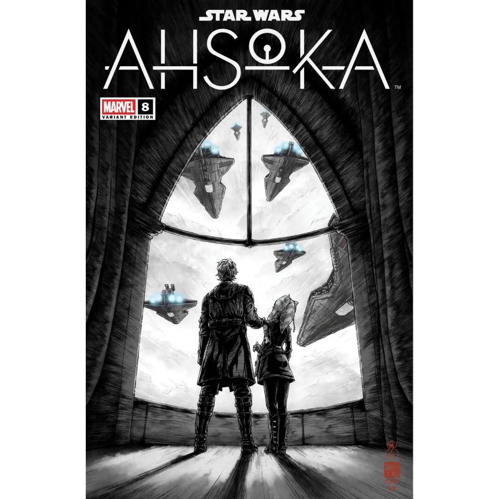 Black and white comic cover with trench coat man and Ahsoka Tano from Takashi Okazaki limited edition