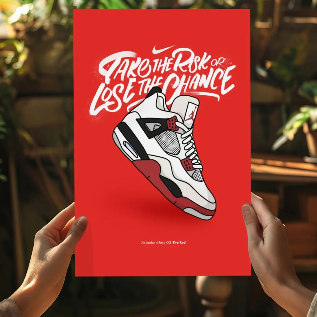 Fire Red Air Jordan 4 insigne aluminum print with retro sneaker illustration