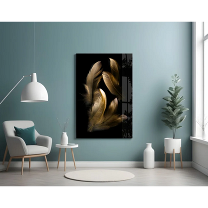 Stunning golden feather glass wall art on black canvas print