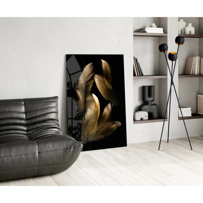 Stunning black-and-gold feather glass wall art on canvas