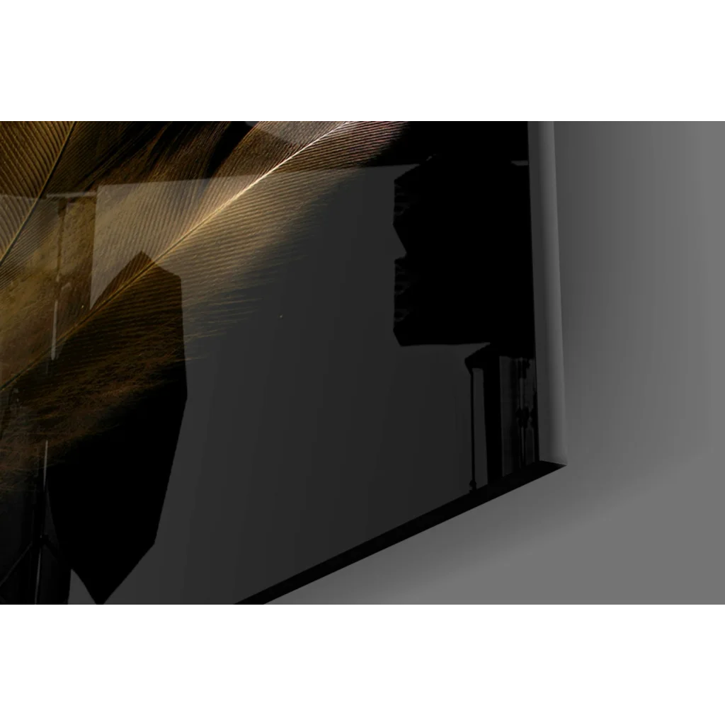 Stunning golden feather glass wall art on black canvas