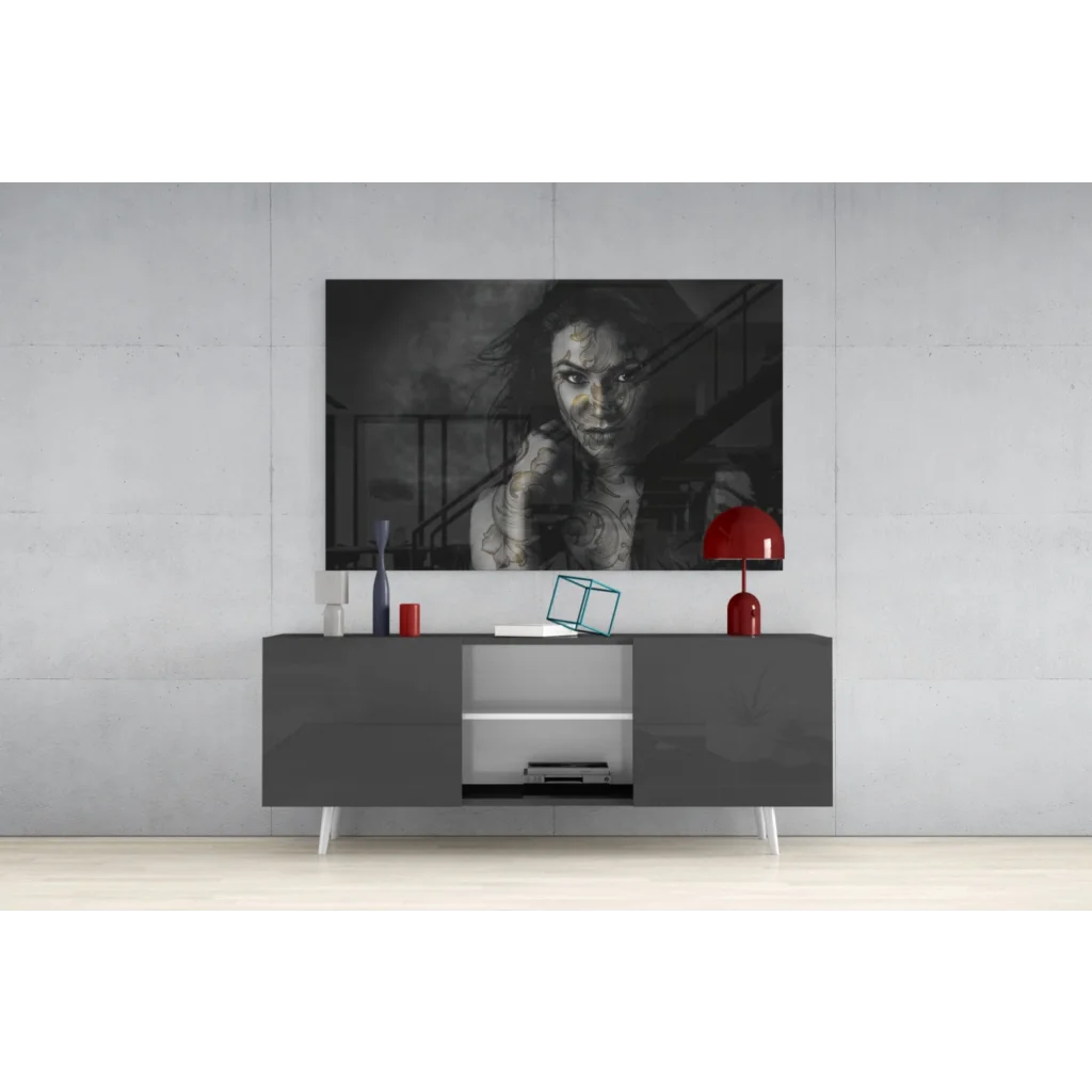 Stunning tattooed woman black-and-white glass wall art canvas print