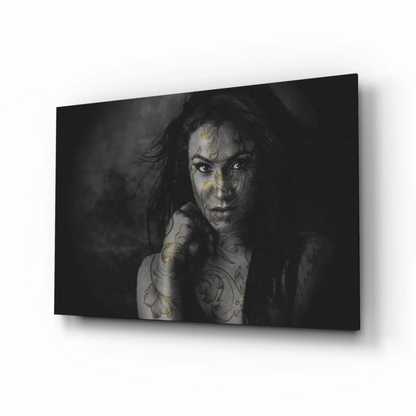 Moody tattooed woman black gold canvas glass wall art print