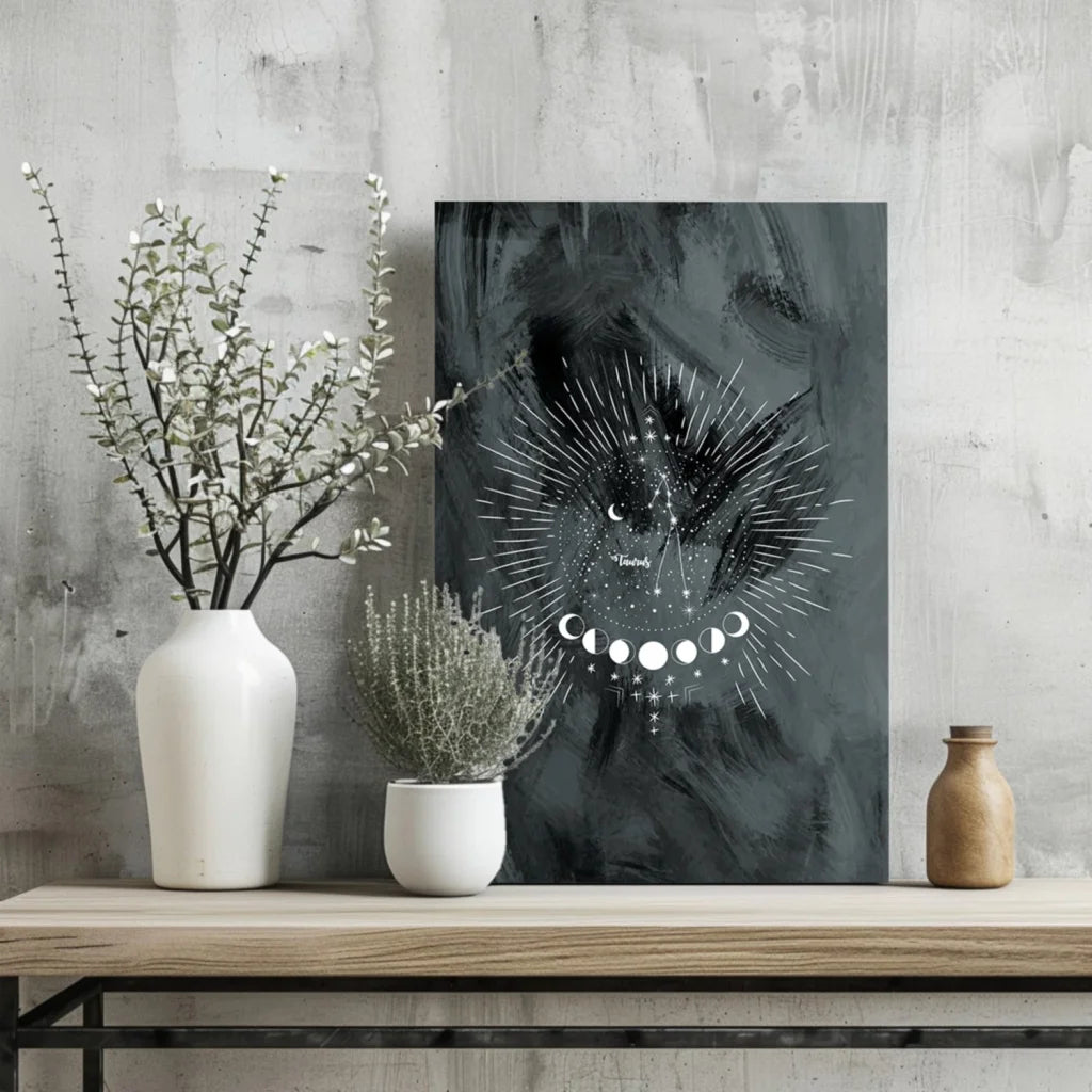 Black and white Taurus celestial moon phases on Insigne aluminum print