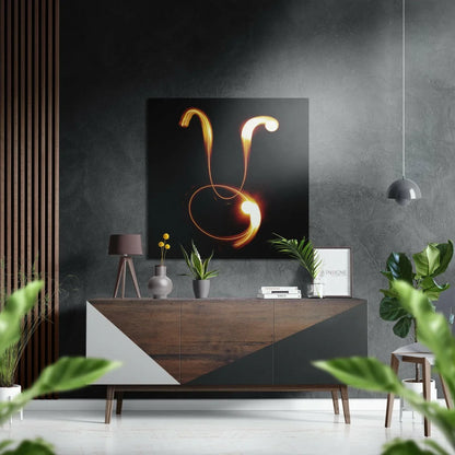 Glowing golden light trails on brushed aluminium dibond wall art