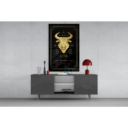 Stunning Taurus glass wall art poster with black gold celestial symbols