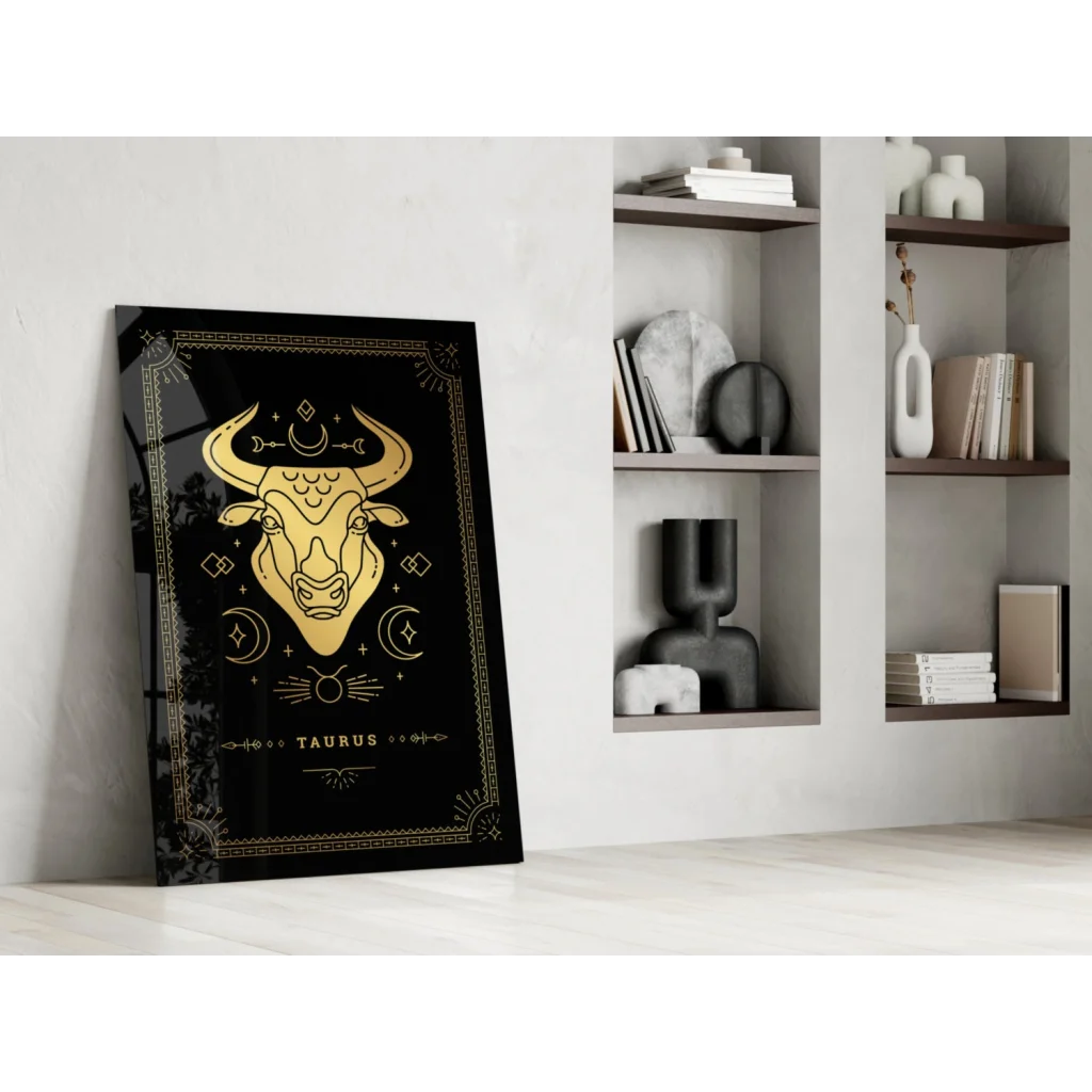 Stunning Taurus glass wall art with gold celestial design on black canvas