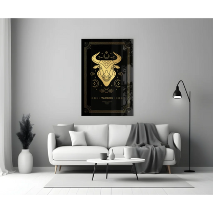 Stunning black and gold Taurus glass wall art with celestial design