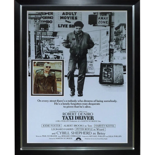 Deluxe framed Taxi Driver poster with Robert DeNiro in leather jacket and beret