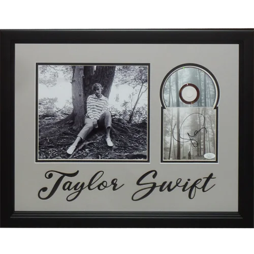 Black-framed taylor swift autographed folklore in the trees deluxe framed cd with black and white photo and vinyl record