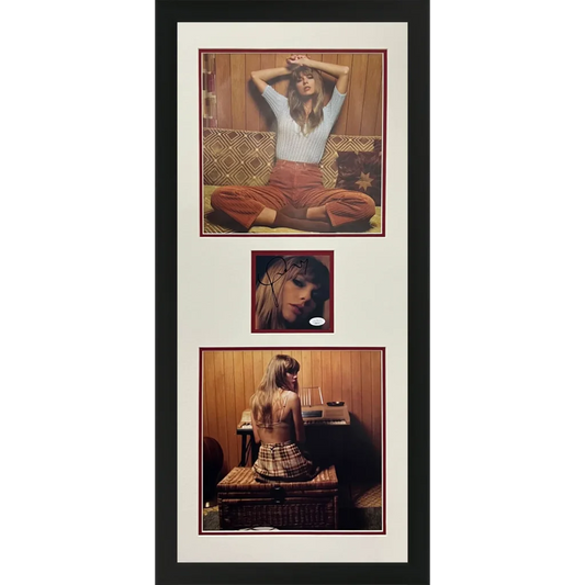 Black-framed vertical triptych of three signed taylor swift photographs with white mat and maroon border in midnights limited edition insert deluxe framed display