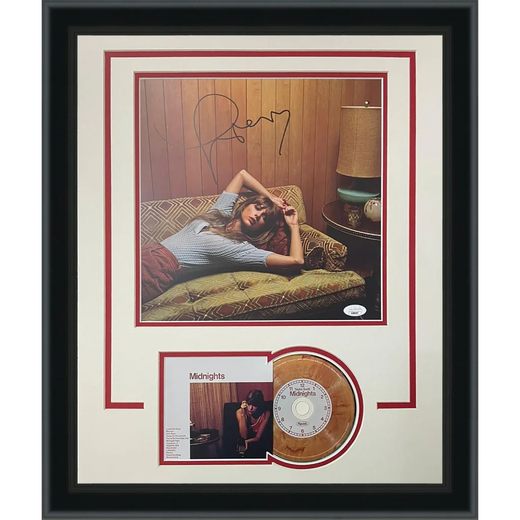Framed signed Taylor Swift Midnights photo with gold vinyl CD