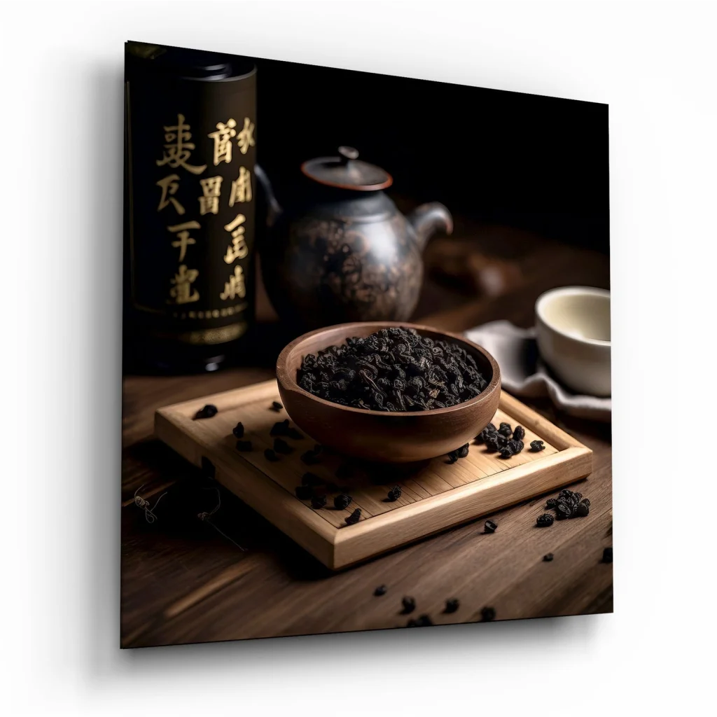 Rustic black tea leaves in bowl on tray, styled with tempered glass art