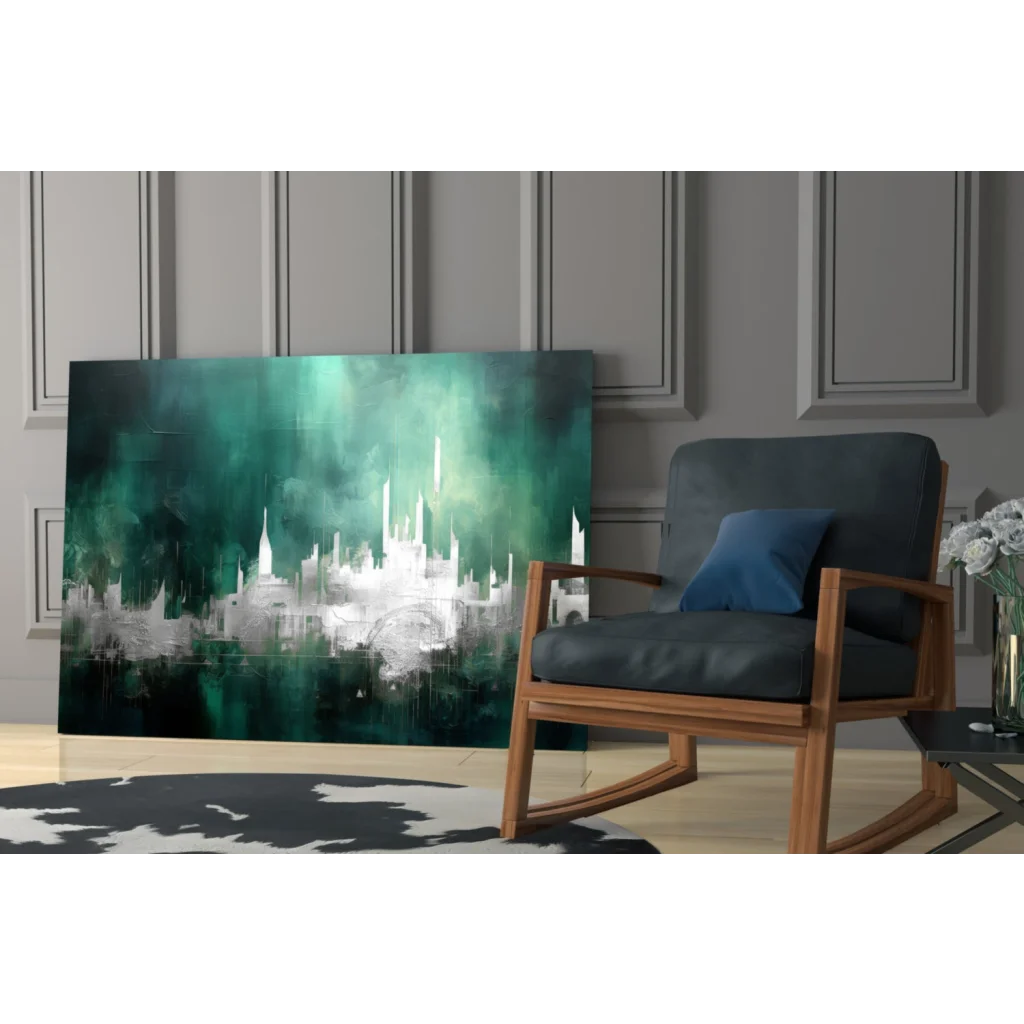 Modern teal abstract cityscape wall art with rocking chair display