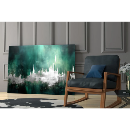 Modern teal abstract cityscape wall art with rocking chair display