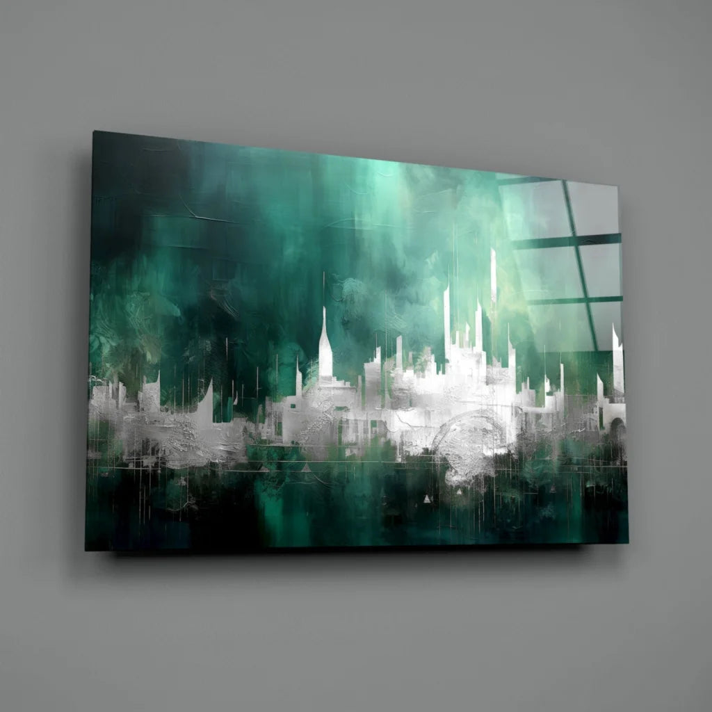 Teal and white abstract cityscape wall art canvas for modern homes
