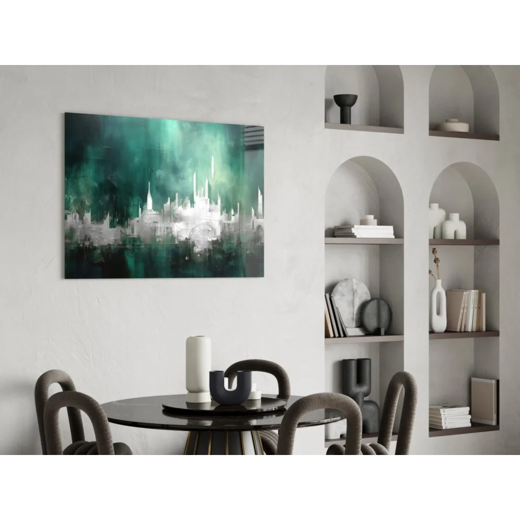 Teal abstract cityscape canvas wall art on minimalist wall