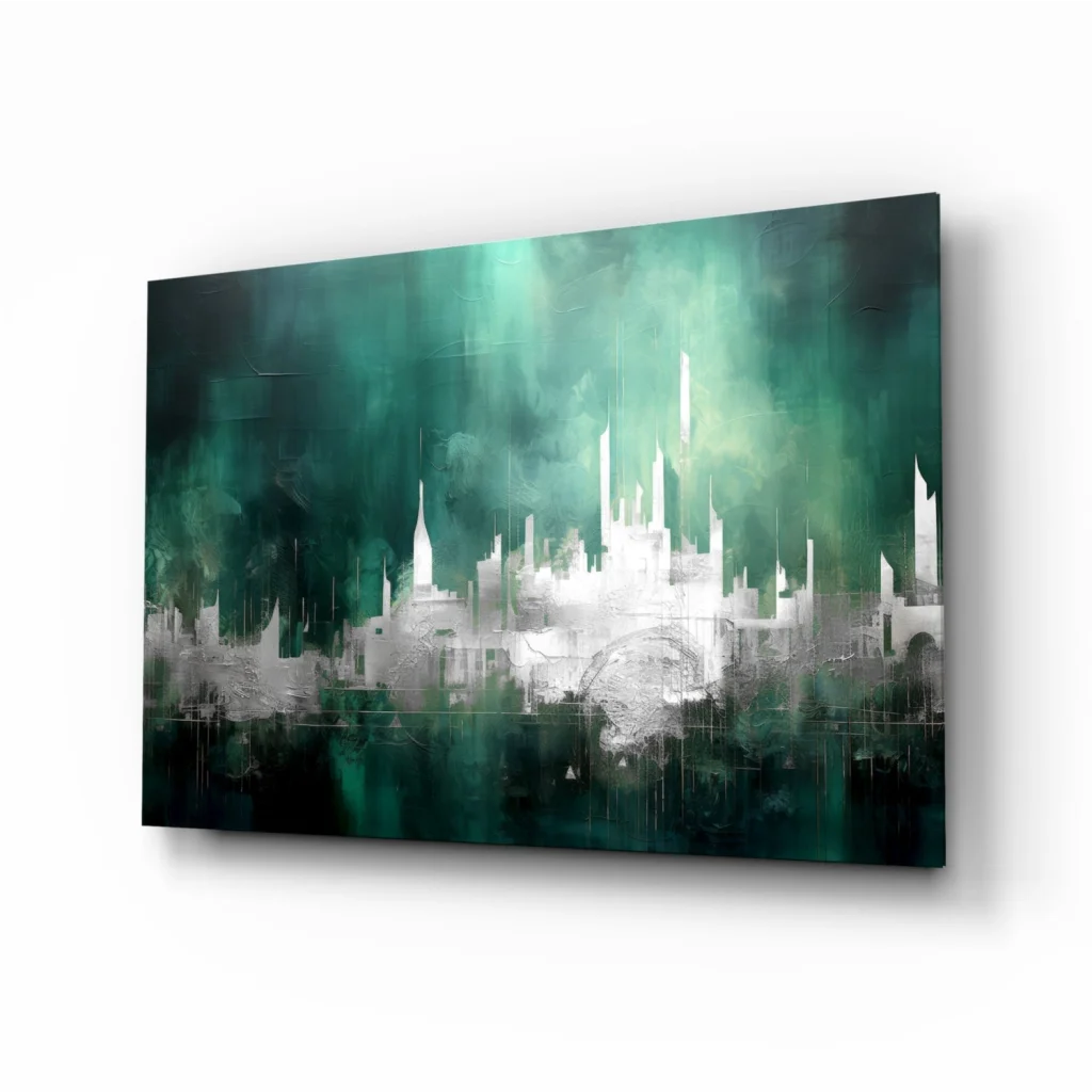 Teal abstract cityscape canvas wall art with white gray skyline