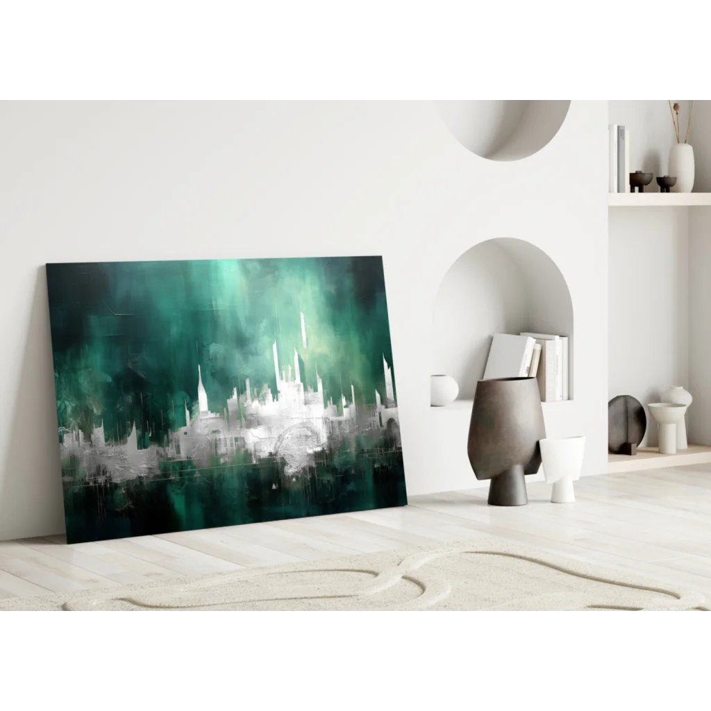 Modern teal abstract cityscape canvas wall art on white wall