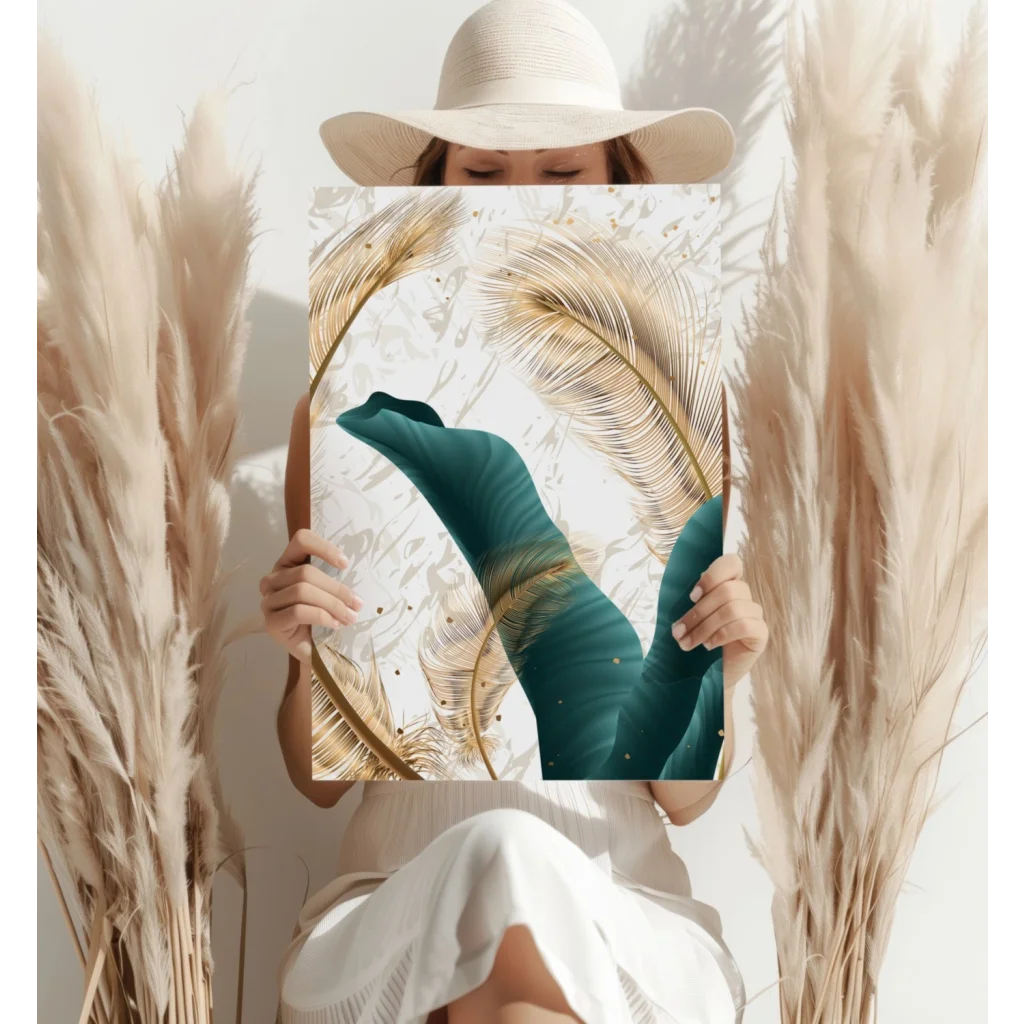 Soft green feather pillow with gold accents on teal banana leaf canvas