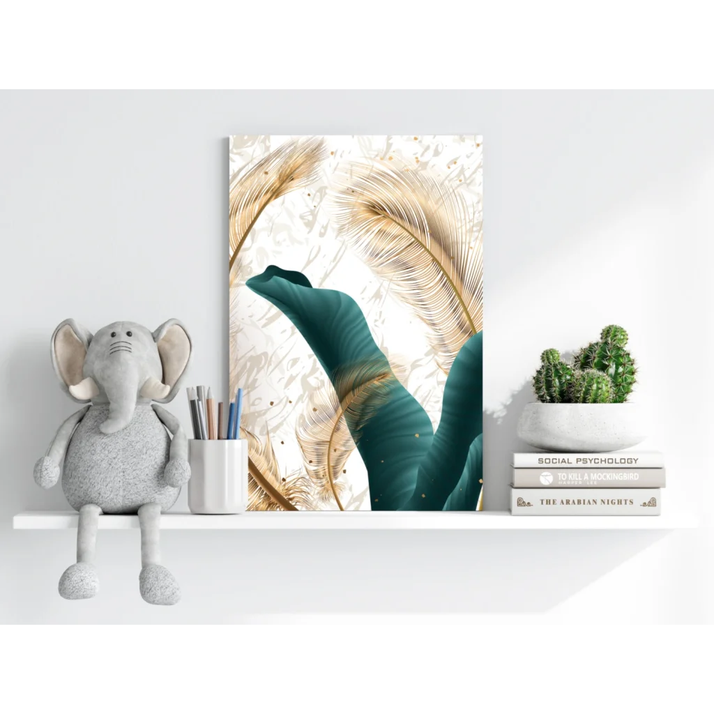 Teal banana leaf canvas wall art with gold feather accents