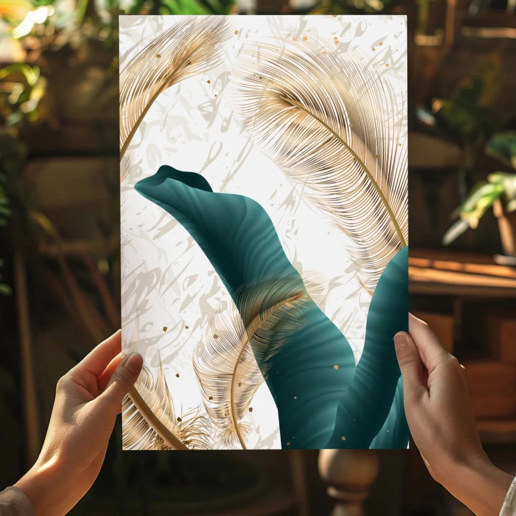 Teal banana leaf canvas with gold feather accents poster