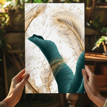 Teal banana leaf canvas with gold feather accents poster