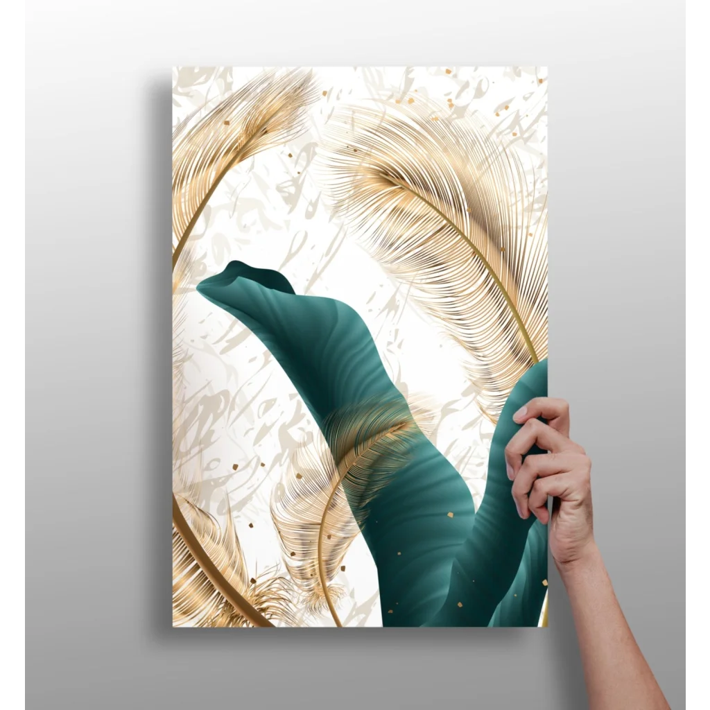 Teal banana leaf canvas poster with gold feather accents