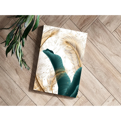Teal banana leaf canvas wall art with gold feather accents