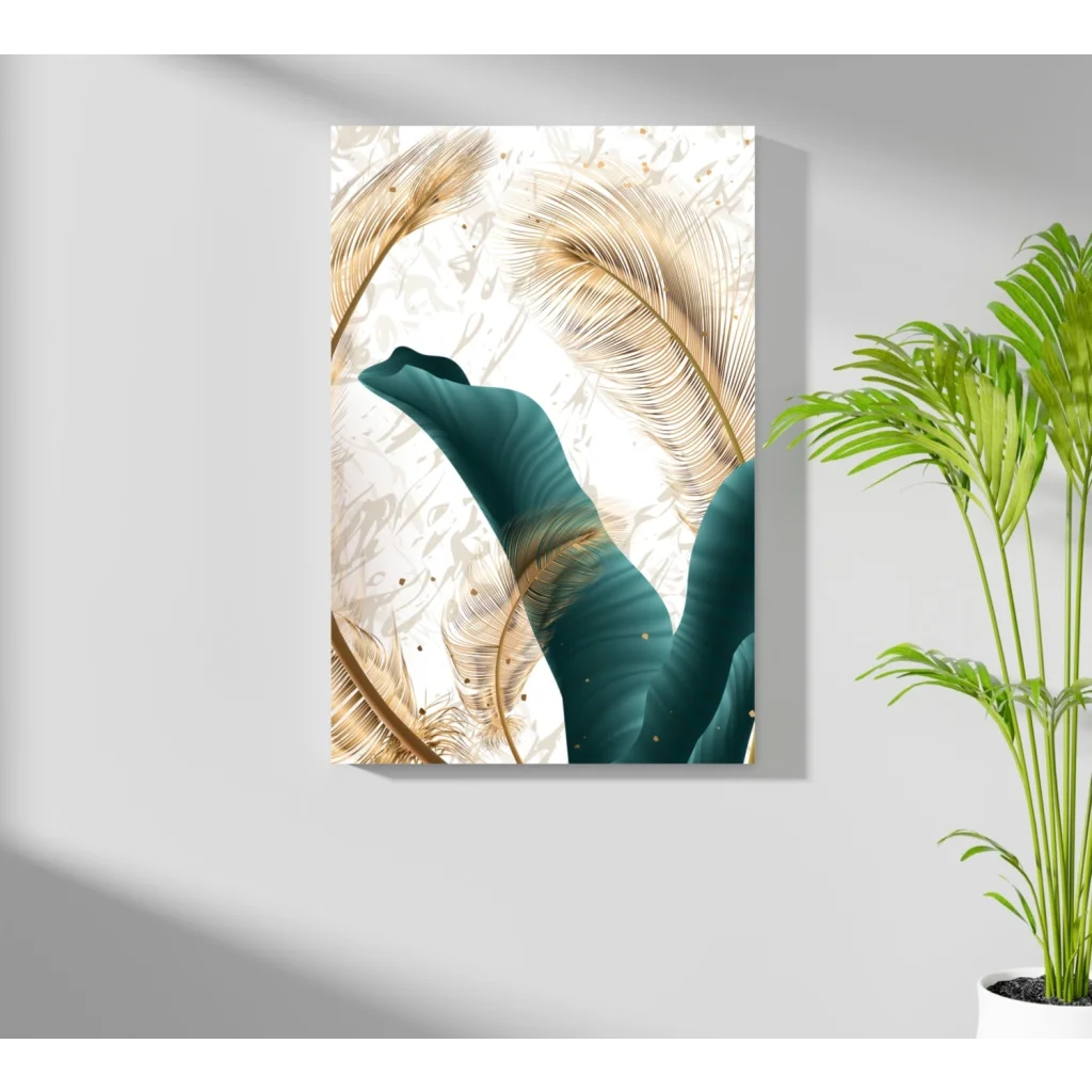 Teal banana leaf canvas with gold feather accents on white background