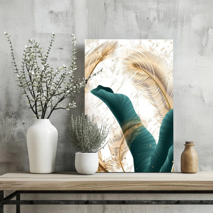 Teal banana leaf canvas with gold feather accents wall art