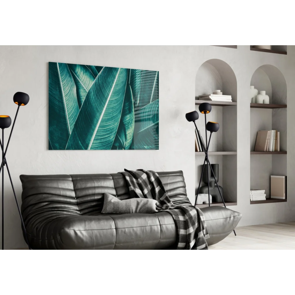 Teal banana leaf canvas wall art print hanging on wall