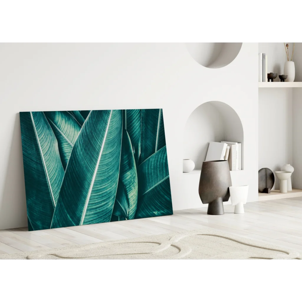 Vibrant teal banana leaf wall art canvas print with bold green foliage
