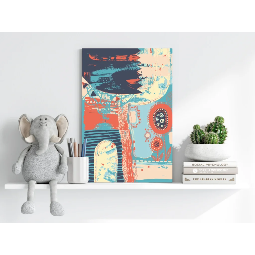 Vibrant teal coral abstract floral canvas wall art with organic forms