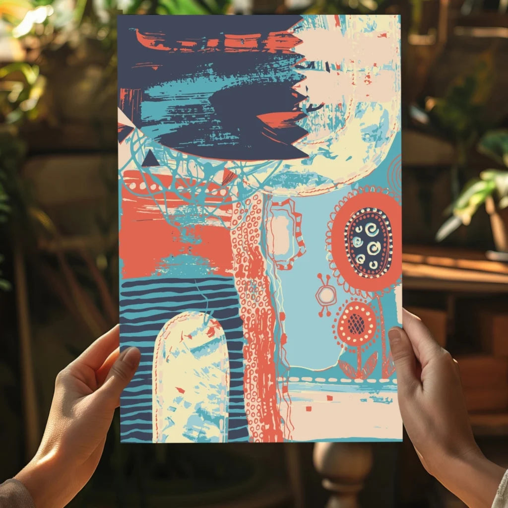 Teal Coral Abstract Floral Canvas Wall Art with bold blue, coral, cream hues and textured floral patterns